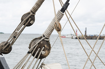 Image showing Blocks and rigging of an old sailboat 