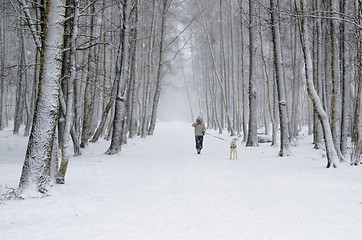 Image showing Woman with dog on a snowy winter alley