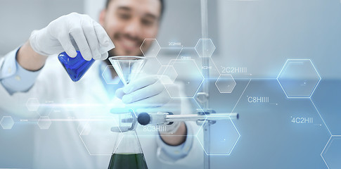 Image showing close up of scientist with test tubes and funnel