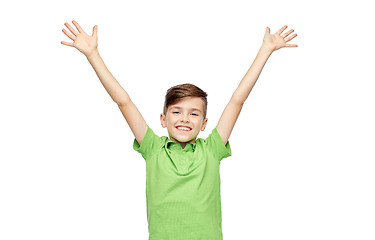 Image showing happy boy in polo t-shirt raising hands up