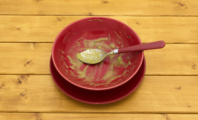 Image showing Empty soup bowl with remainder of soup