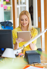 Image showing happy creative woman with tablet pc at office
