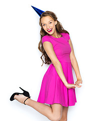 Image showing happy young woman or teen girl in party cap