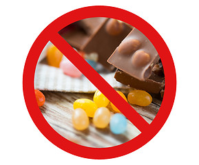 Image showing close up of candies and chocolate behind no symbol