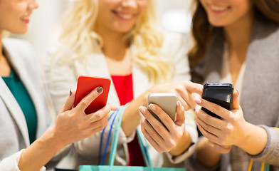 Image showing happy women with smartphones and shopping bags