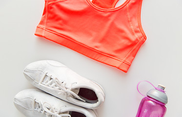 Image showing close up of female sports clothing and bottle set