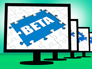 Image showing Beta On Monitors Shows Testing Software Or Internet Development