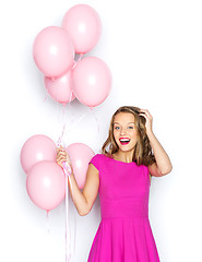 Image showing happy young woman or teen girl in pink dress