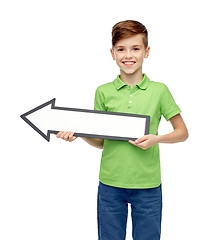 Image showing happy boy holding white blank arrow banner