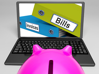 Image showing Bills And Invoices Files On Laptop Shows Finances