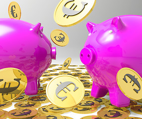 Image showing Raining Coins On Piggybanks Showing Profits