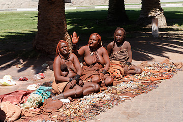 Image showing Group of Himba girl with souvenirs for sale