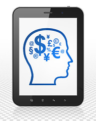 Image showing Advertising concept: Tablet Pc Computer with Head With Finance Symbol on display