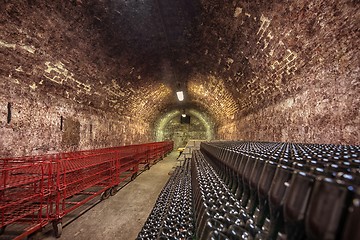 Image showing Long underground brick tunnel in the wine cellar