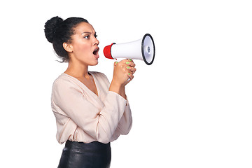 Image showing Woman hold loudspeaker