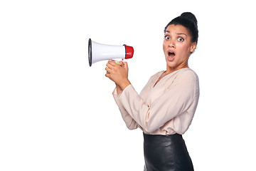 Image showing Woman hold loudspeaker