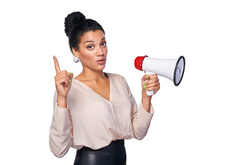 Image showing Woman hold loudspeaker