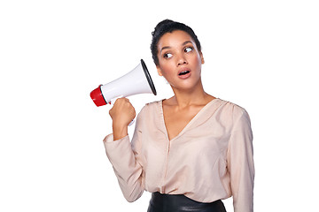 Image showing Woman hold loudspeaker