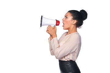 Image showing Woman hold loudspeaker