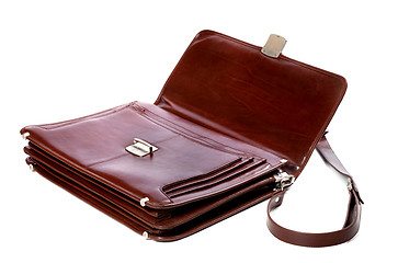 Image showing Open leather briefcase on white background