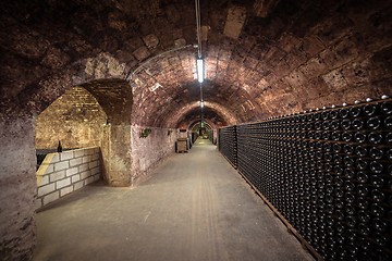 Image showing Long underground brick tunnel in the wine cellar