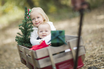 Image showing Baby Brother and Sister Pulled in Wagon with Christmas Tree