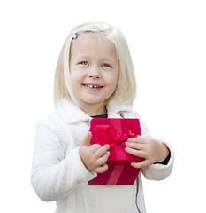 Image showing Baby Girl Holding Red Christmas Gift on White