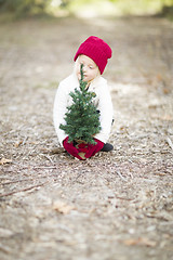 Image showing Girl In Red Mittens and Cap Near Small Christmas Tree