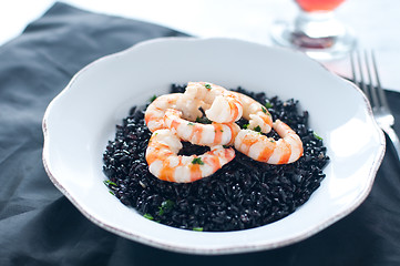 Image showing Black rice with prawns fresh