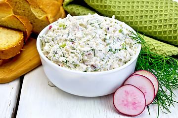 Image showing Pate of curd and radish with bread on board