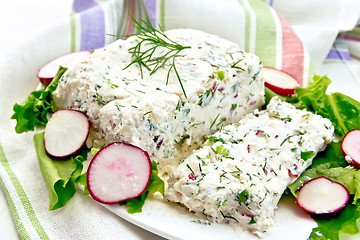 Image showing Terrine of curd and radish with salad in plate on board