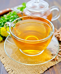 Image showing Tea of Rhodiola rosea in glass cup and teapot on sacking