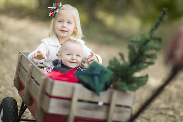Image showing Baby Brother and Sister Pulled in Wagon with Christmas Tree