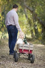 Image showing Father Pulls Baby Girl in Wagon with Christmas Tree