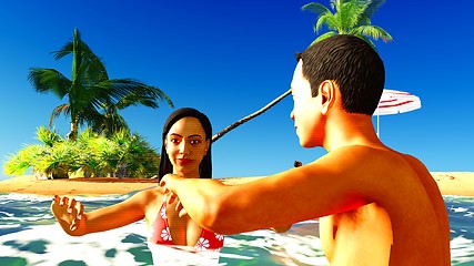 Image showing Romatic couple in tropical paradise at sunset
