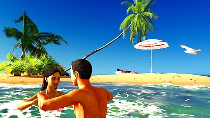 Image showing Romatic couple in tropical paradise at sunset