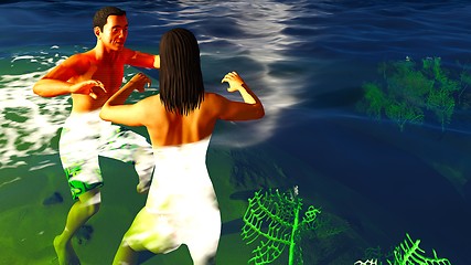 Image showing Romatic couple in tropical paradise at sunset