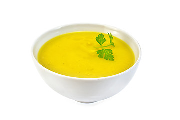 Image showing Soup-puree pumpkin with parsley in white bowl