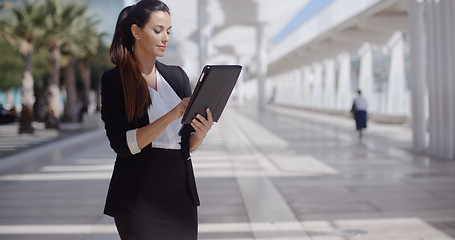 Image showing Elegant businesswoman on a seafront promenade