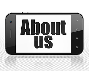 Image showing Marketing concept: Smartphone with About Us on display