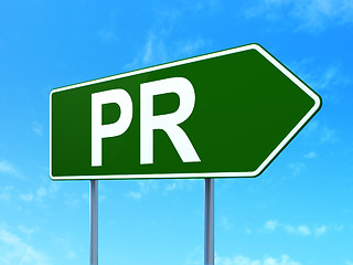 Image showing Advertising concept: PR on road sign background