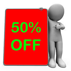 Image showing Fifty Percent Off Tablet Character Means 50% Reduction Or Sale O