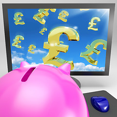 Image showing Pound Symbols Flying On Monitor Showing Britain Wealth