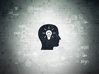 Image showing Advertising concept: Head With Light Bulb on Digital Paper background