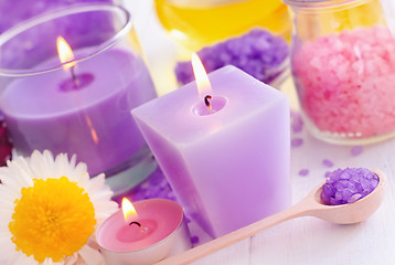 Image showing Sea salt and candle, color salt