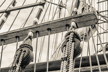 Image showing Blocks and rigging of an old sailboat