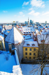 Image showing View over the rooftops of old Tallinn frosty morning