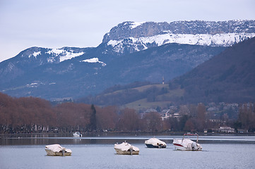 Image showing View of the French town of Annecy in winter with fog