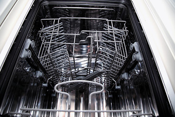 Image showing View of the interior of an empty opened dishwasher