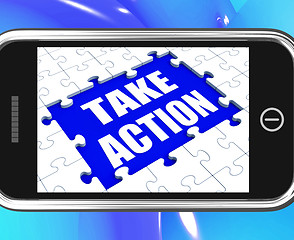 Image showing Take Action Tablet Shows Motivate To Do Something